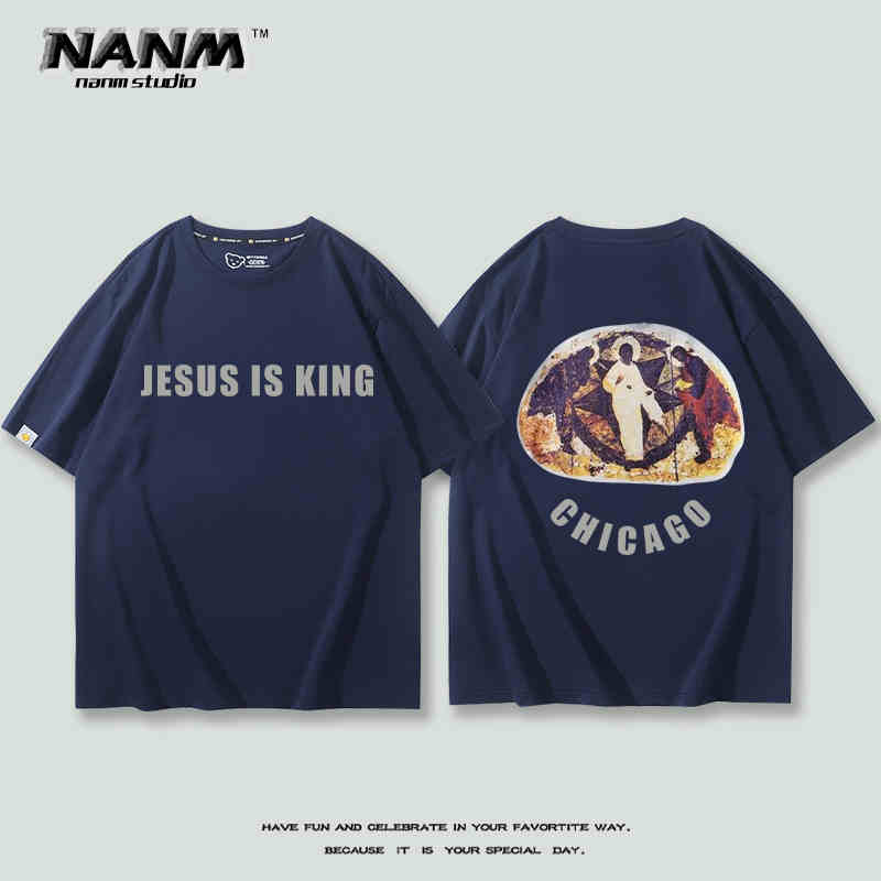 2024 New Fashion KANYE with Short Sleeve T-shirt Boys Kanye Music Festival Three Gods Religious Oil Loose Hip Hop Half Sleeve