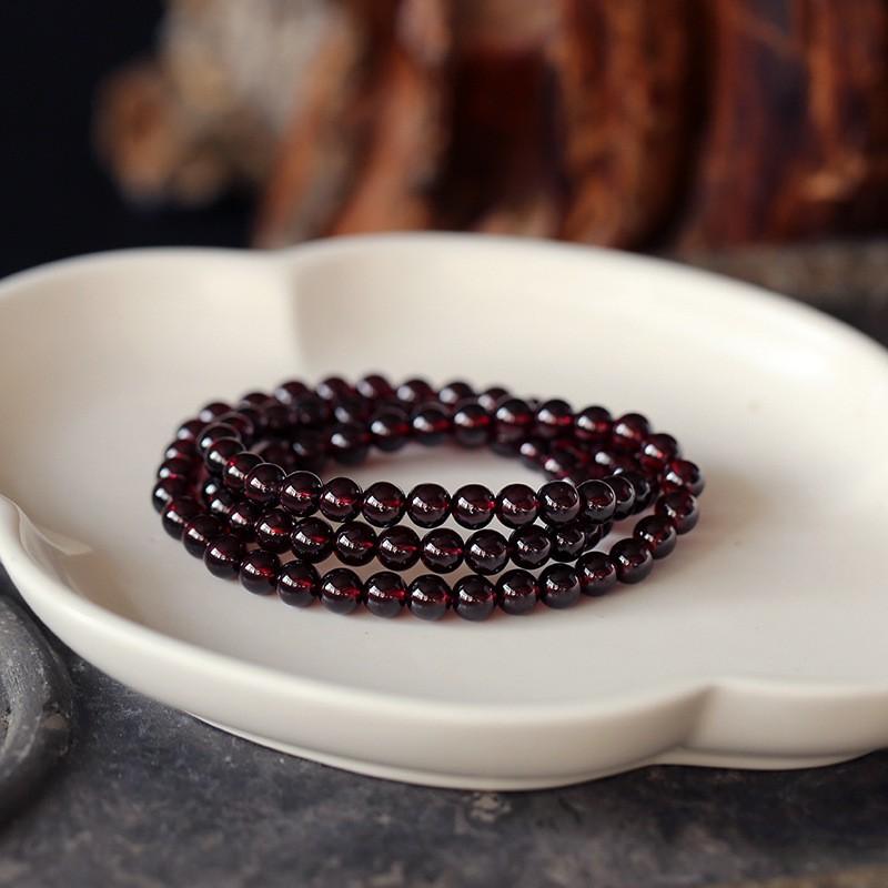 Natural Garnet Bracelet Women Handmade Triple Wrap 5mm Wine Red Boho Ethnic Style Jewelry