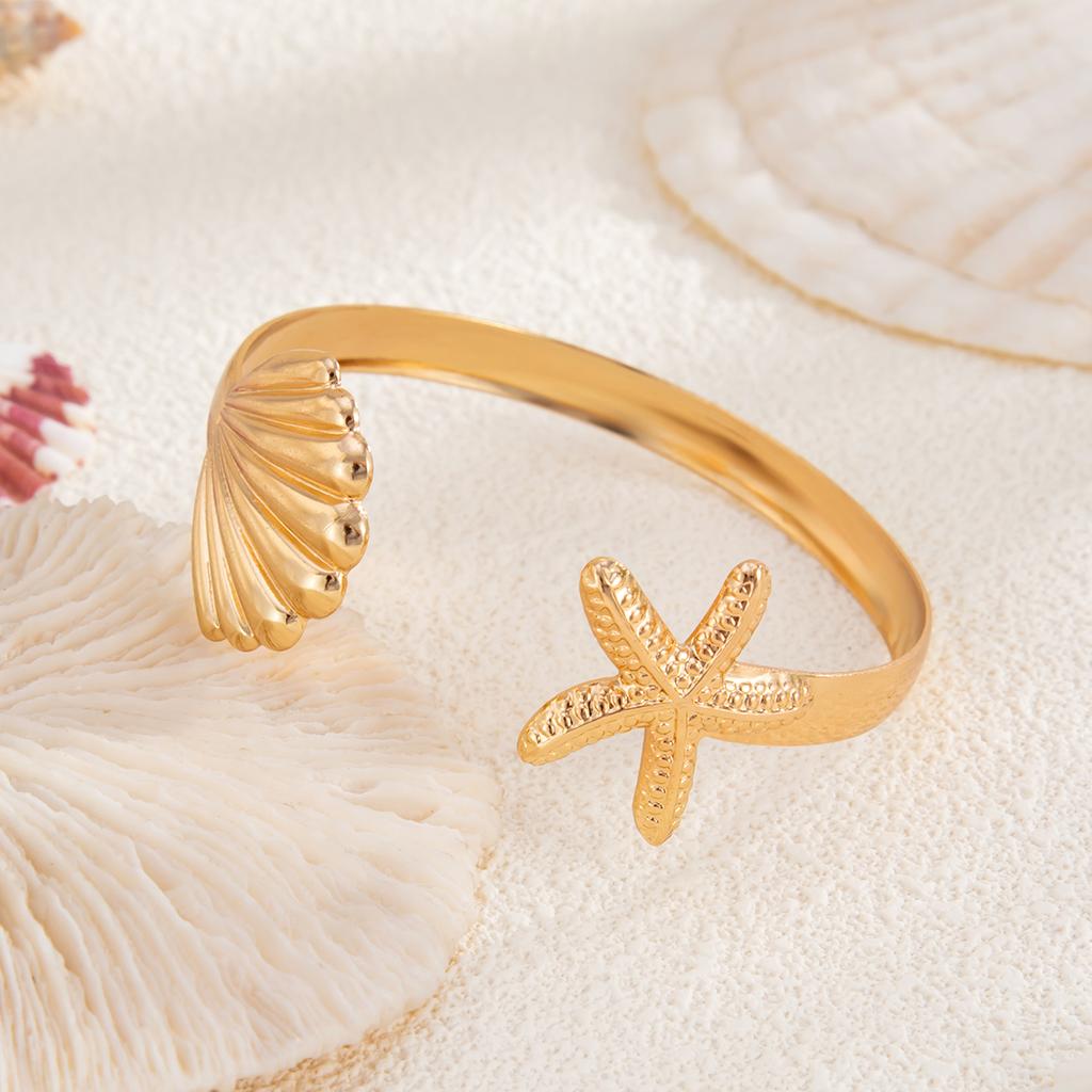 SHIXIN Bohemian Starfish Scallop Open Bangle for Women Fashion Smooth Metal Cuff Bracelet Hand Decoration Summer Beach Jewelry