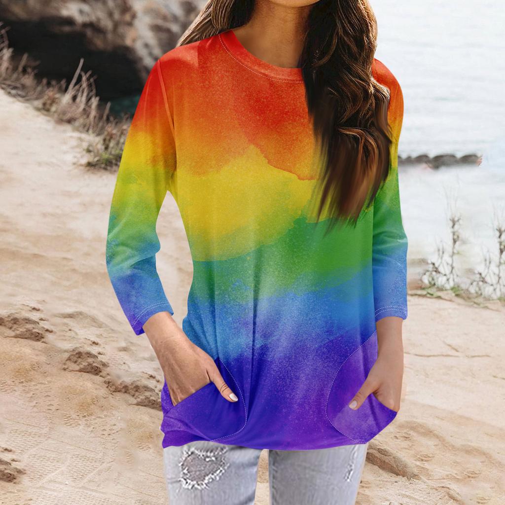 Женская модная повседневная футболка с карманом и круглым вырезом с рукавами 3/4 и топом