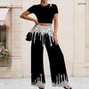 Women Plus Size Printed Round Neck Short Sleeve Crop Top Wide Leg Pants Two Piece Outfit