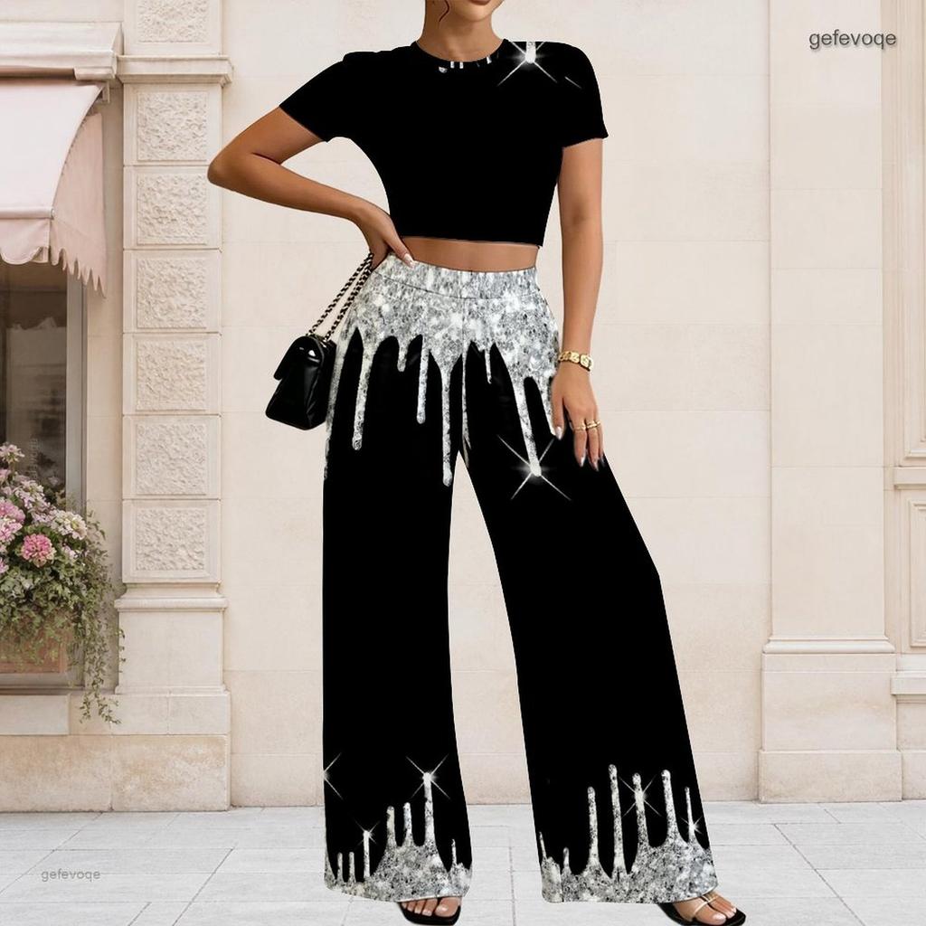Women Plus Size Printed Round Neck Short Sleeve Crop Top Wide Leg Pants Two Piece Outfit