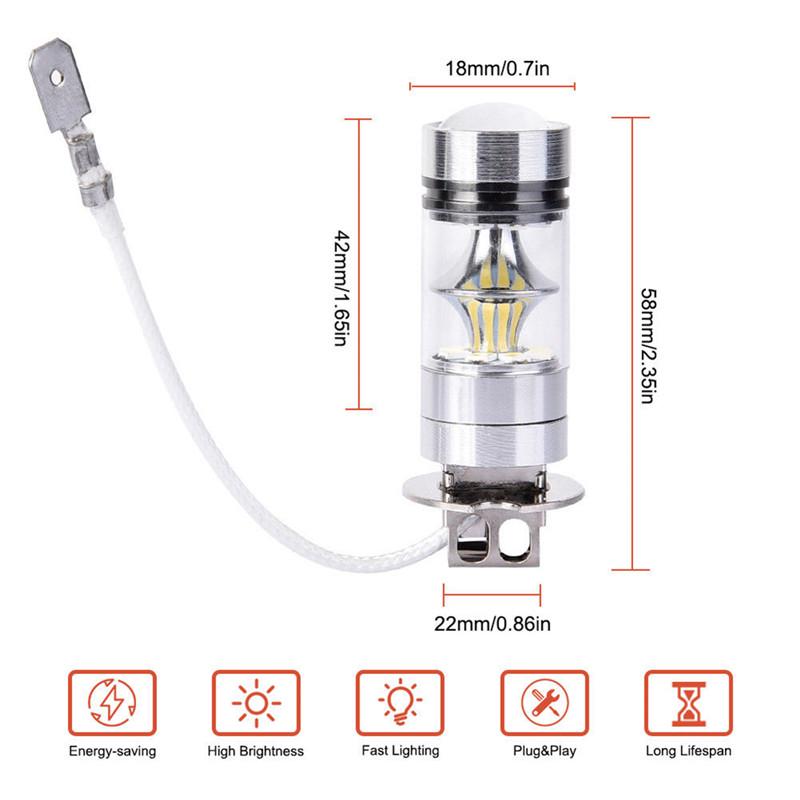 2Pcs 100W White Led H3 High Power 2828 Car Fog Light Bulb Drl 1000Lm