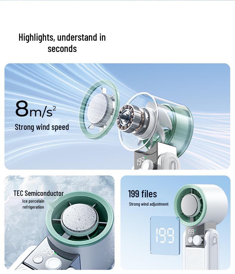 Portable USB Mini Fan with Digital Display, Long Battery Life, Foldable Design, and Strong Cooling for Outdoor Use.