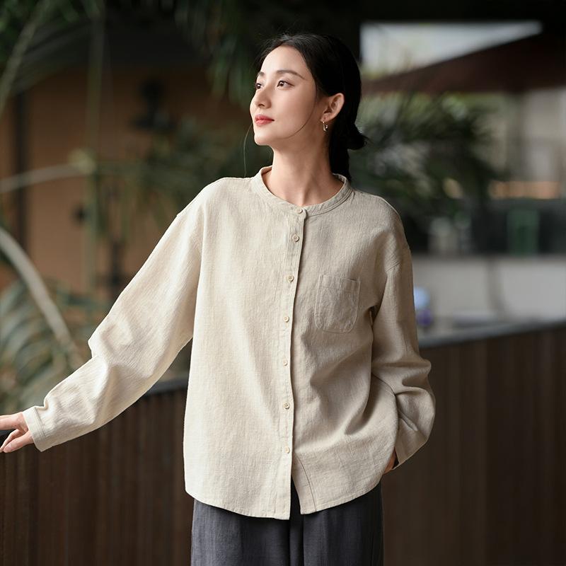 Deer and Andi cotton and linen women's 1116 autumn new shirt women's new Chinese high-end simple ramie shirt