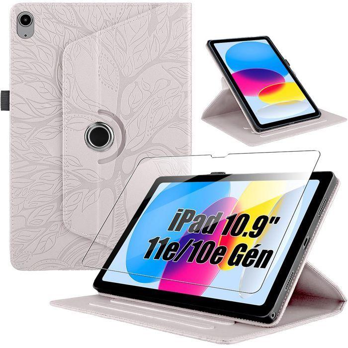 Coque + Verre Trempé pour iPad A16 (11") / iPad 10 2022 (10,9") Synthécuir Relief Arbre - Rose
