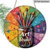 2D Flat, Vintage Art Studio Wall Sign - Round Palette & Brushes Design - Colorful Retro 2D Flat Metal Art for Artist Studio, Cafe, Decor - Durable