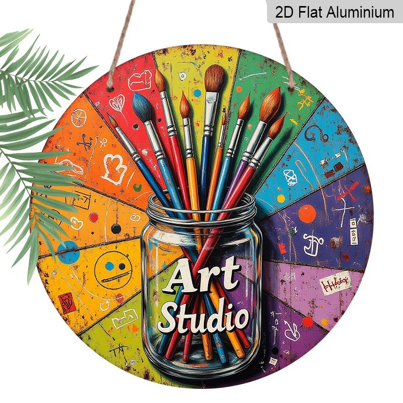 2D Flat, Vintage Art Studio Wall Sign - Round Palette & Brushes Design - Colorful Retro 2D Flat Metal Art for Artist Studio, Cafe, Decor - Durable