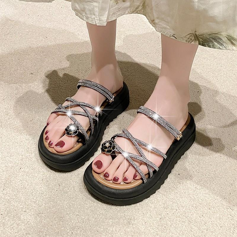 Мода 2024 года, лето, новые толстые подошвы, водные бриллиантовые прохладные тапочки для женской верхней одежды, модные тапочки с узким носком, розовая фея, прохладный ветер