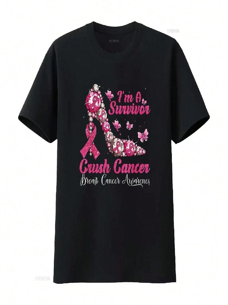 Wounisex T Shirt I M A Survivor Crush Cancer High Heel Breast Awarenes Black 2X Large Vintage Washed Top For Everyday Wear