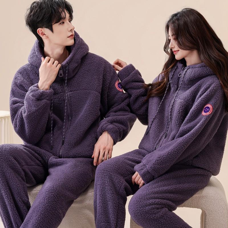 Couple Coral Fleece Pajamas Set Thick Warm Winter Loungewear Men Women