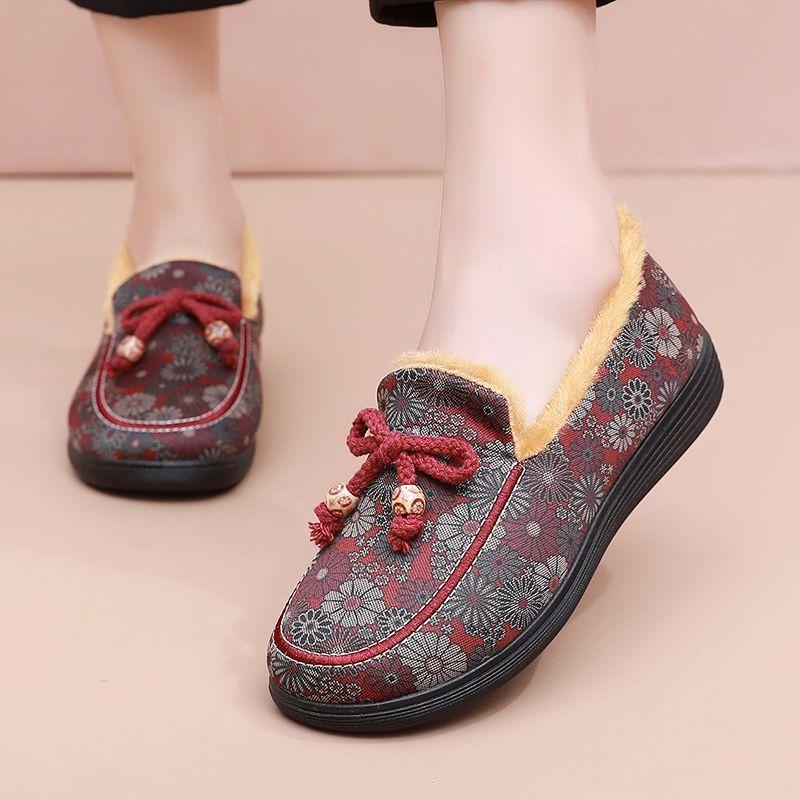 Зимняя обувь из ткани, женская обувь из хлопка, обувь на плоской подошве для людей среднего и пожилого возраста с плюшевым утеплителем и нескользящие хлопковые ботинки