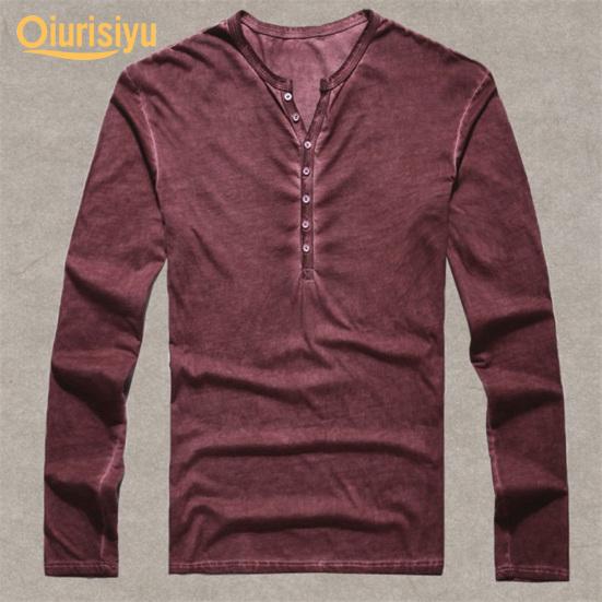 Men Solid Color Casual V Neck Thin Buttons T-shirt