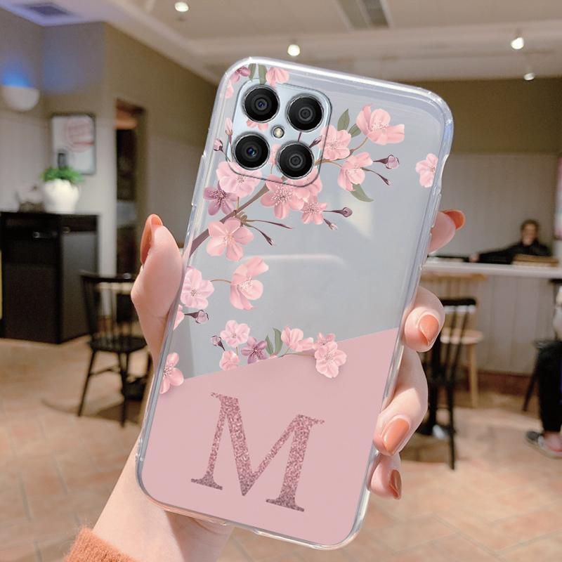 For Honor X8 4G Case X 8 5G Clear Bumper TPU Silicone Soft Cover for HonorX8 Phone Cases Capa Pink Flowers Letter Funda Fashion