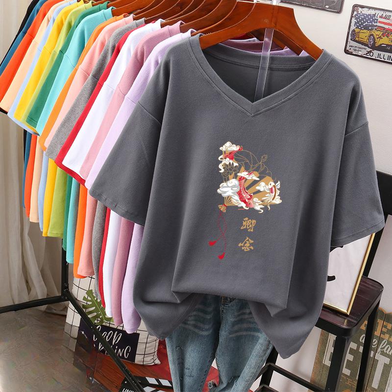 Футболка с коротким рукавом, Свободного кроя, Приталенный топ с V-образным вырезом с принтом для женщин