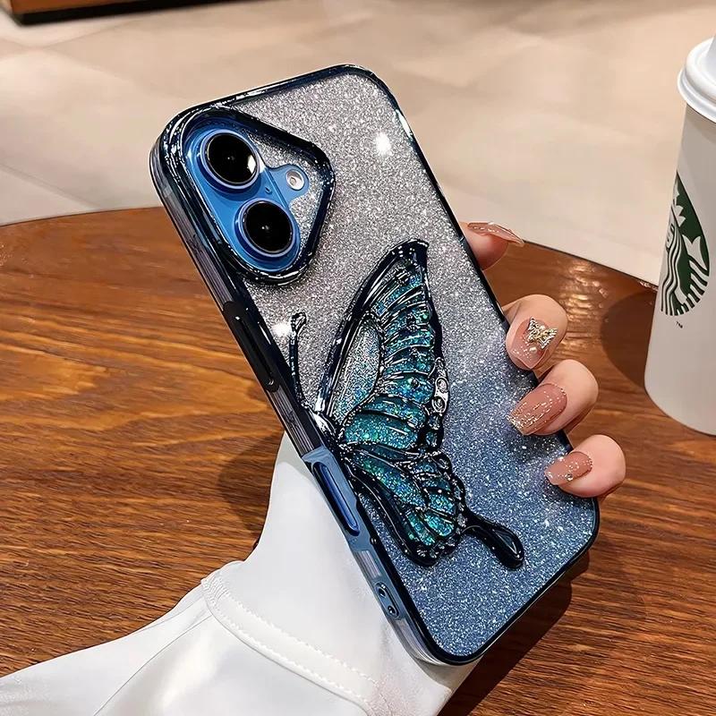 Cartoon Butterfly Glitter Quicksand Case for iPhone 16 15 14 13 Pro Max Plus 11 12 Plating Gradient Bling Camera Film Soft Cover