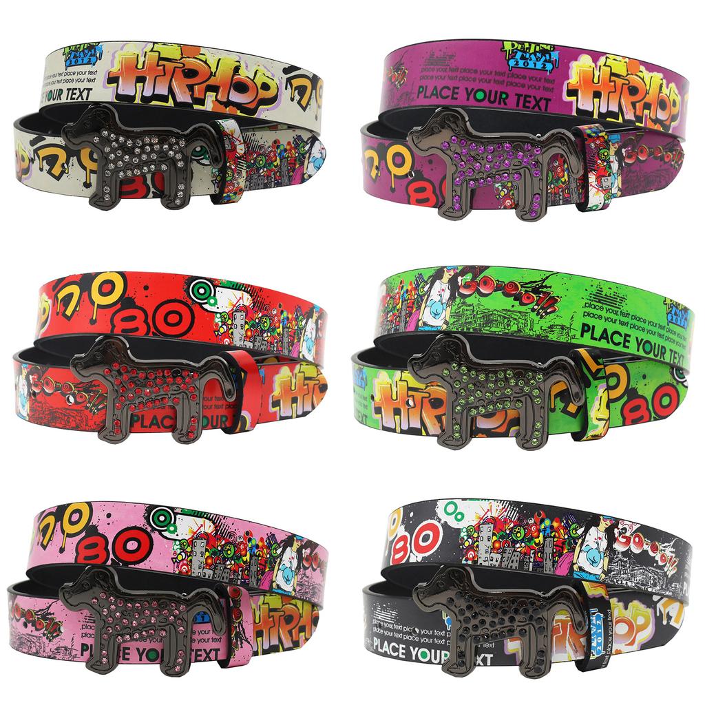 Собака Стразы Пряжка Гладкая Пряжка Принтованный Граффити Повседневный Персонализированный Ремень Ремень Универсальный В Европе и Америке