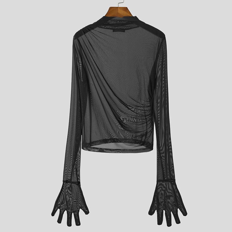 INCERUN Мужские прозрачные топы с длинным рукавом и оборками для клубной вечеринки, короткие сетчатые футболки