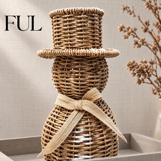 Winter Party Table Decorations Faux Rattan Snowman Figurine, Christmas Rustic Farmhouse Statue with Bow, Indoor Shelf Hand-Woven Wicker Decoration for