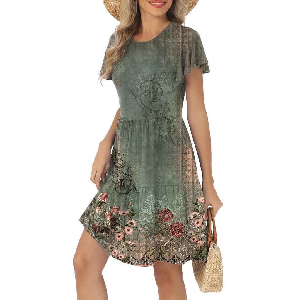 Women's Fashion Summer Ruffle Short Round Neck With Pocket Casual Dresses