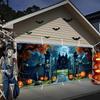 A 2D Halloween garage decoration banner featuring designs of a Halloween castle skulls and pumpkins.PMJ