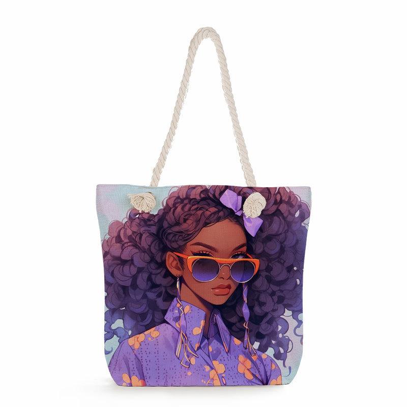 Multifunctional Black girl Printed Thick Rope Shoulder Beach Bag 7581 KTB