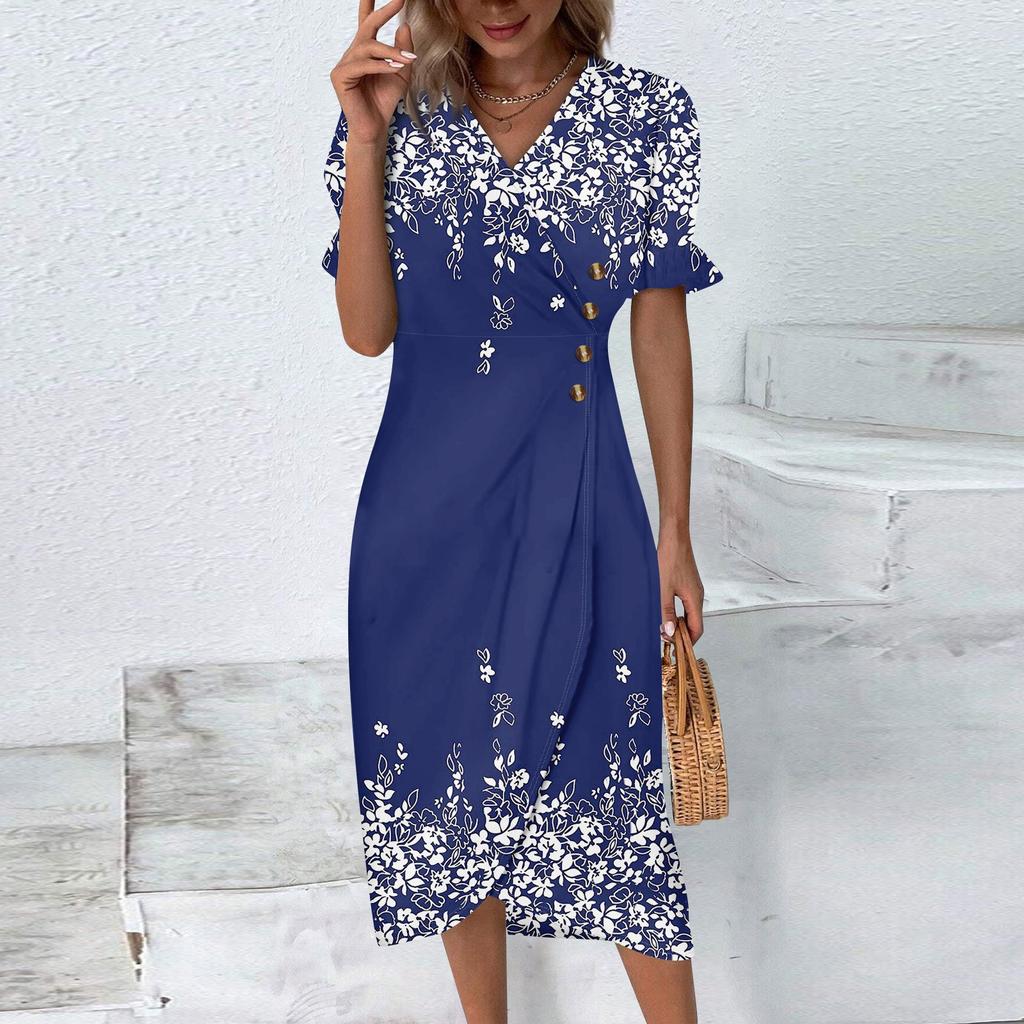 Пляжные платья для женщин, весна-лето, элегантное платье с запахом и V-образным вырезом в стиле бохо, струящееся гавайское платье макси с рюшами