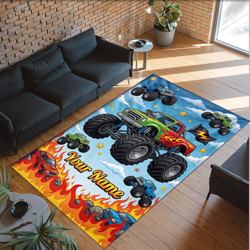 Truck Theme Crystal Velvet Floor Rug Personalized Custom Name Text Warm Carpet Home Decoration