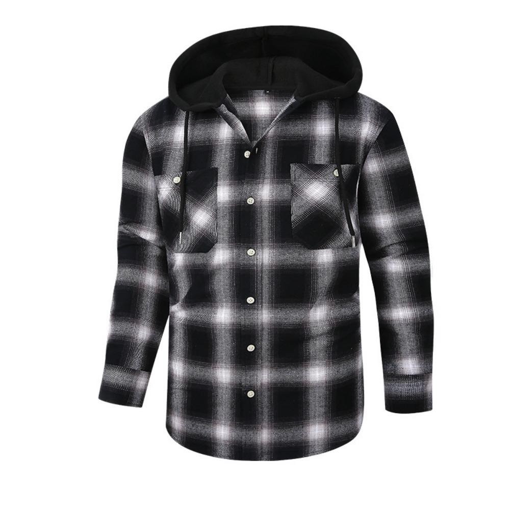 New Hooded Men's Plaid Shirts Long Sleeved Casual Flannel Loose Coat Fashion Street Style Men's Sports Shirt Jacket Male Clothes