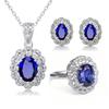 Elegant CZ Gemstone Pendant Necklace Set With Earrings Ring Women Blue Red Yellow Green Purple White Zircon Jewelry