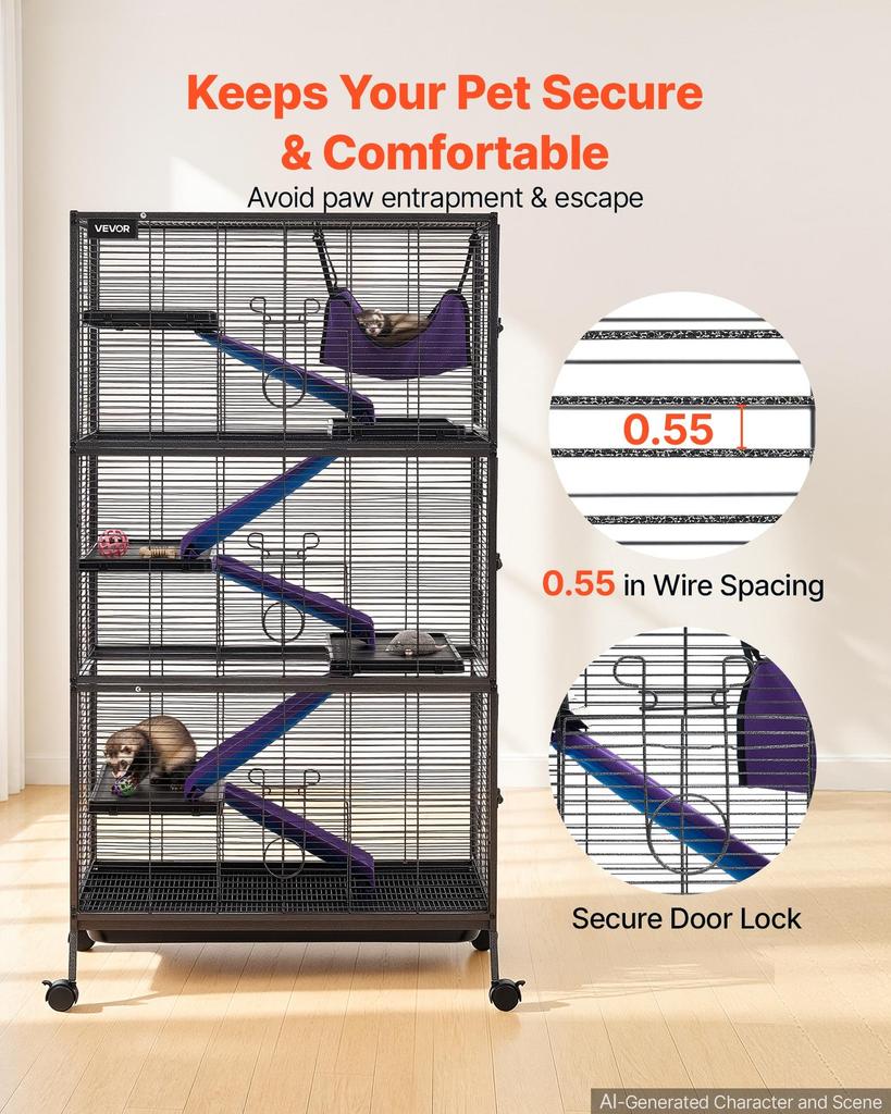 VEVOR Metal Small Animal Cage 149 cm 6-Tier Rolling Ferret Cage On Wheels, 13.97 mm Wire Spacing Large Cages with Hammock, Ramps