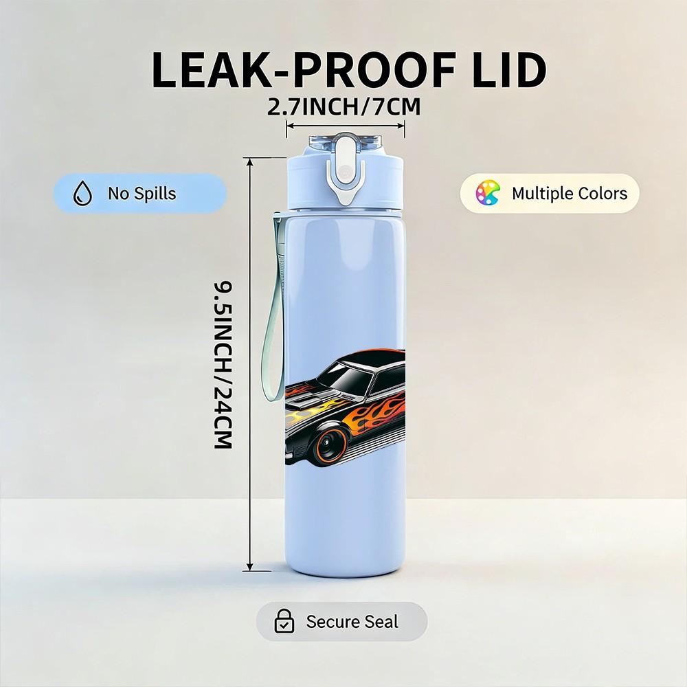 1PC Black Racing Car Pattern 750ml Color Plastic Sports Water Bottle Leakproof Flip Straw Lid Suitable for Sports Office Home Use