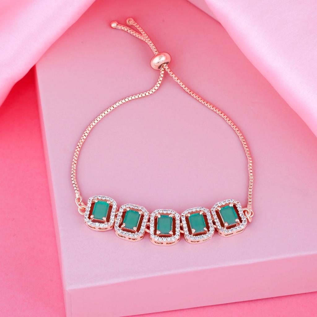 Женский браслет Estele из розового золота с драгоценными грушами и изумрудными кристаллами CZ