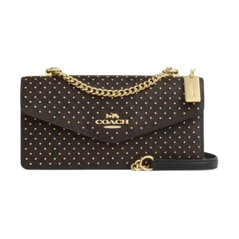 COACH Klare 26 Studded Chain Shoulder Strap Coated Canvas Envelope Shoulder Bag Medium Women's Black with Gold