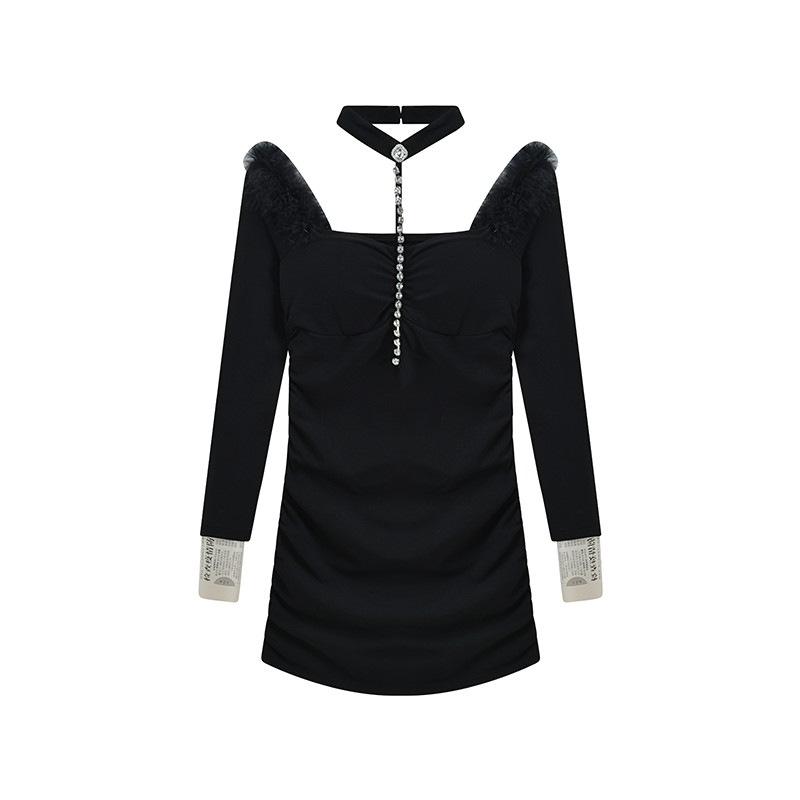 French sexy neck rhinestone one-word shoulder tight splicing fluffy hip skirt autumn and winter women's long-sleeved black dress