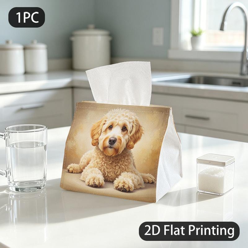 1pc Tissue Box, Portrait Style Golden Doodle Dog Warm Charming Pattern, 2D Flat Printing, Multi-Use, Machine Washable, Tissue Container, for Automotiv