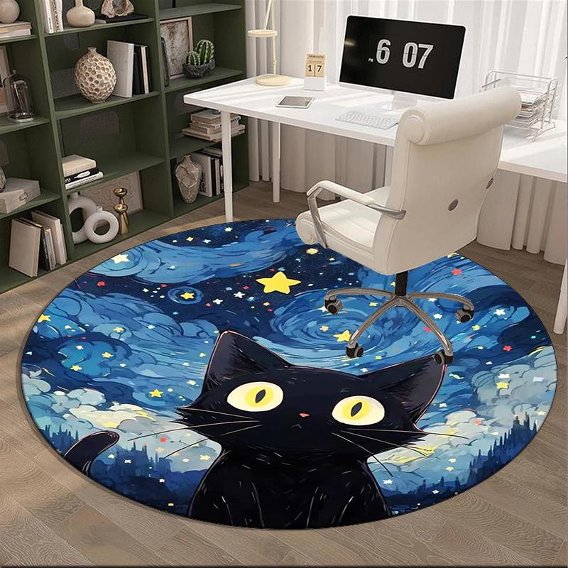 Starry Night Cat round carpet Chair cushion Round Entryway Rug, Soft Round Rugs for Living Room, Bedroom, Circle Carpet decor gifts