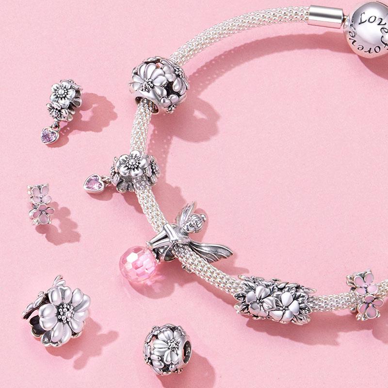 WOSTU Pink Flower Charms 925 Sterling Silver Blossom Flower Beads Fit Original Bracelet Pendant Jewelry For Women