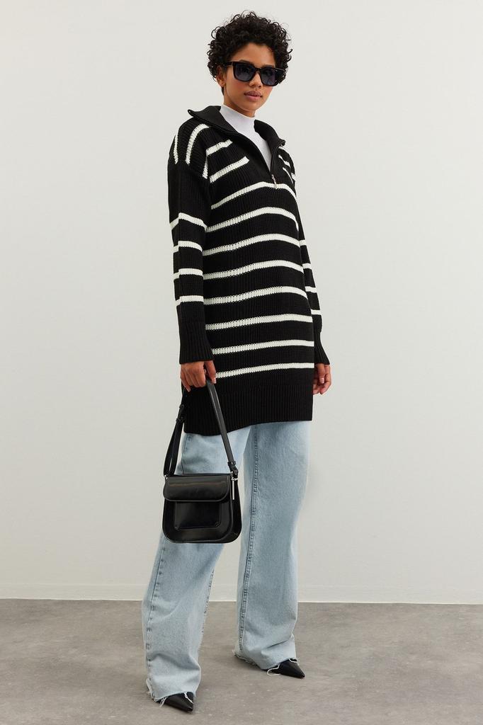 Женский модный стильный хиджаб-свитер, черный, в полоску, с воротником, на молнии, вязаный свитер