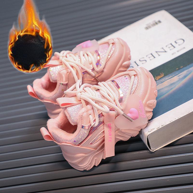 Кроссовки с блестками для девочек, детская модная теплая спортивная обувь для бега