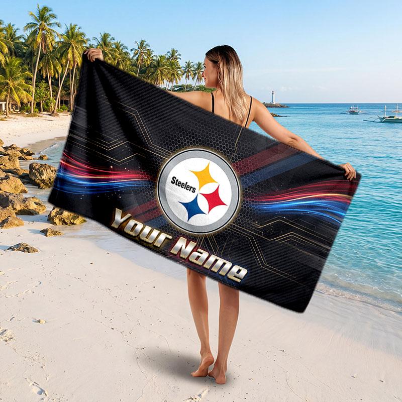 Pittsburgh Steelers Customized Name Text Beach Towel, Soft Absorbent Towel Beach Pool Travel Personal Gift