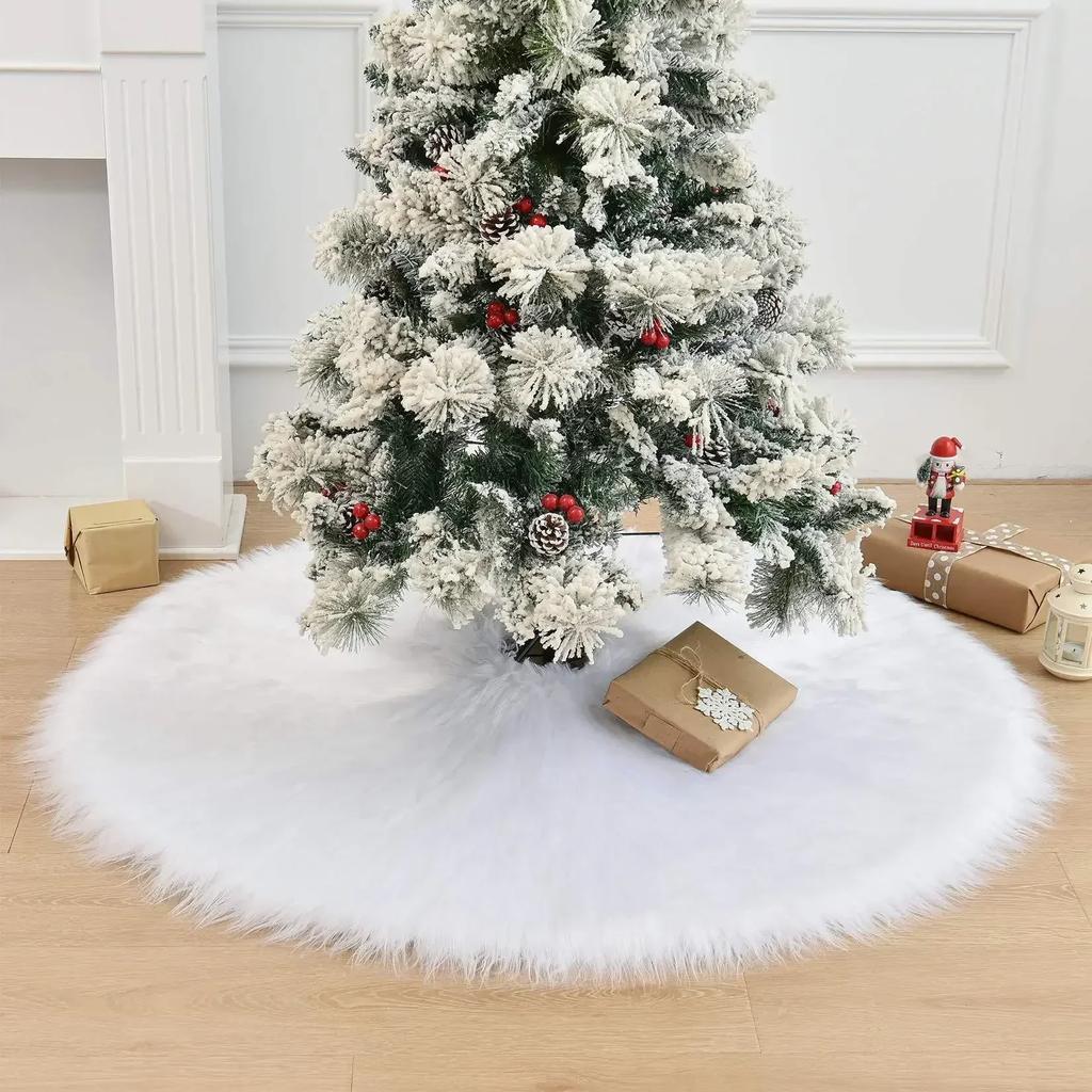 38/68cm Snowy White Christmas Tree Skirt Plush Faux Fur Xmas Trees Carpet Mat Ornaments For New Year Home Party Decoration