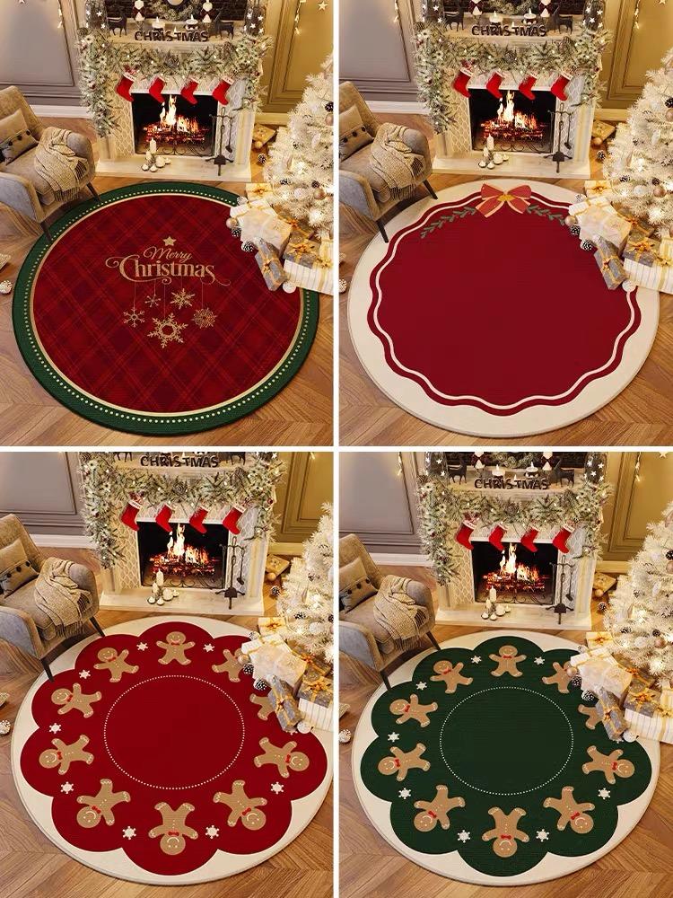 VIKAMA Christmas Round Carpet Living Room Bedroom Festive Red Festive Atmosphere Decorated Christmas Tree Decoration