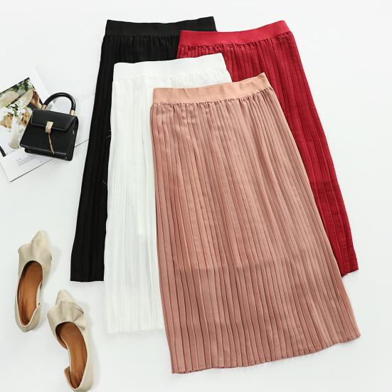Women Pleated Midi Skirt Elastic High Waist Solid Color Smooth Outline Skirt Slimming Midi Skirt Daily Wear