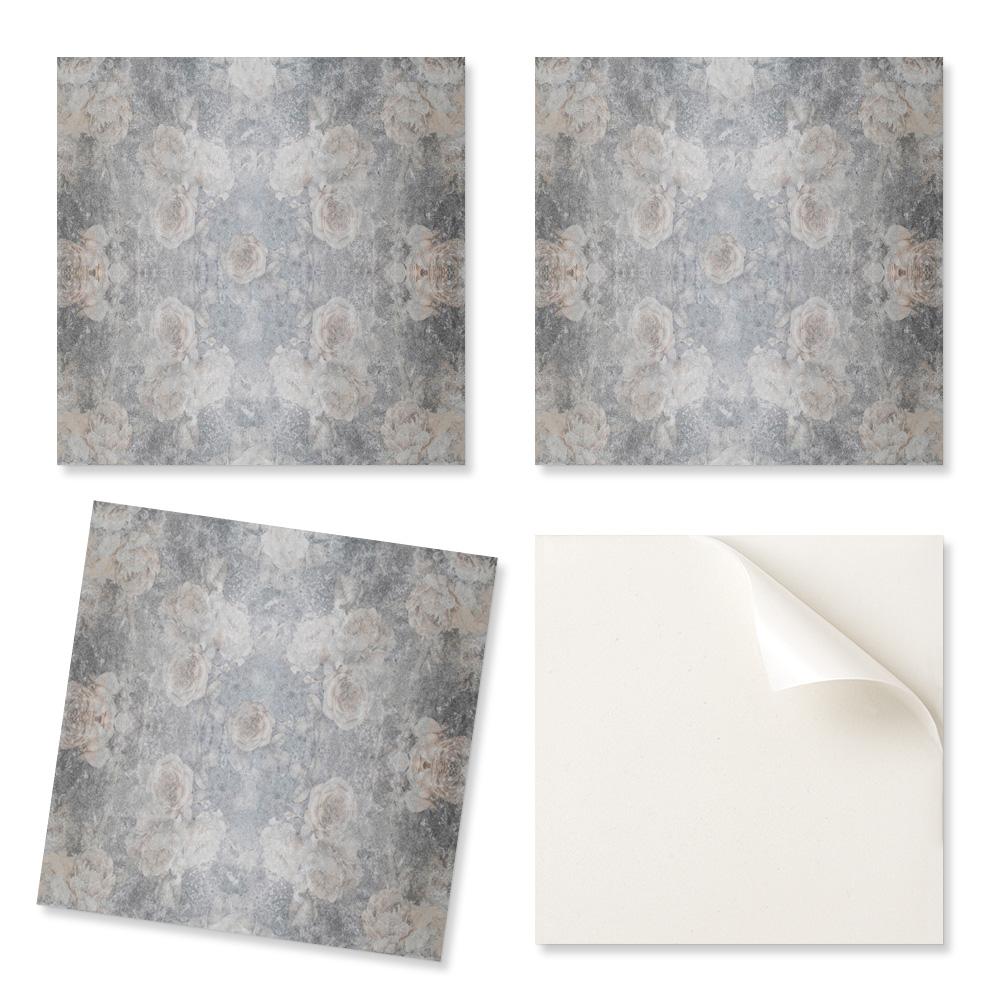 Set of Self-Adhesive Vinyl Tiles with Floral Pattern Background 9x30x30 cm