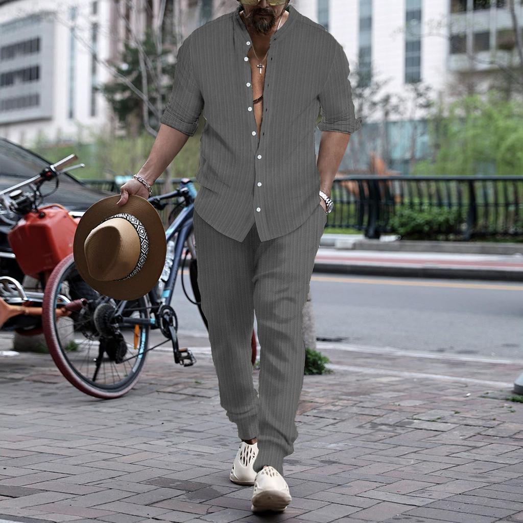 Весенне-осенний мужской повседневный костюм из двух частей в полоску, однотонный, с воротником-стойкой, длинными рукавами, топом и брюками