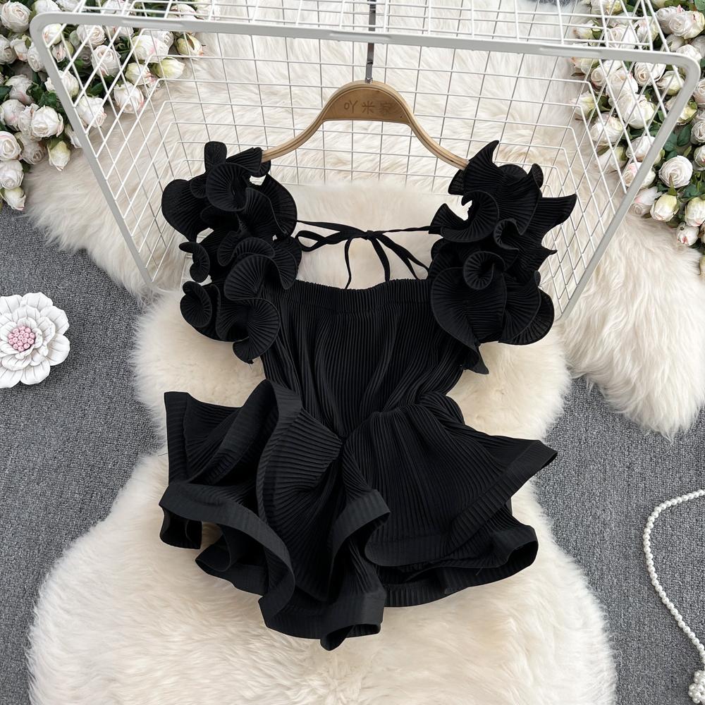 RUGOD Летний новый стиль, универсальная пресс-плиссированная шифоновая рубашка с завязками на талии и листьями лотоса, женский короткий топ в иностранном стиле