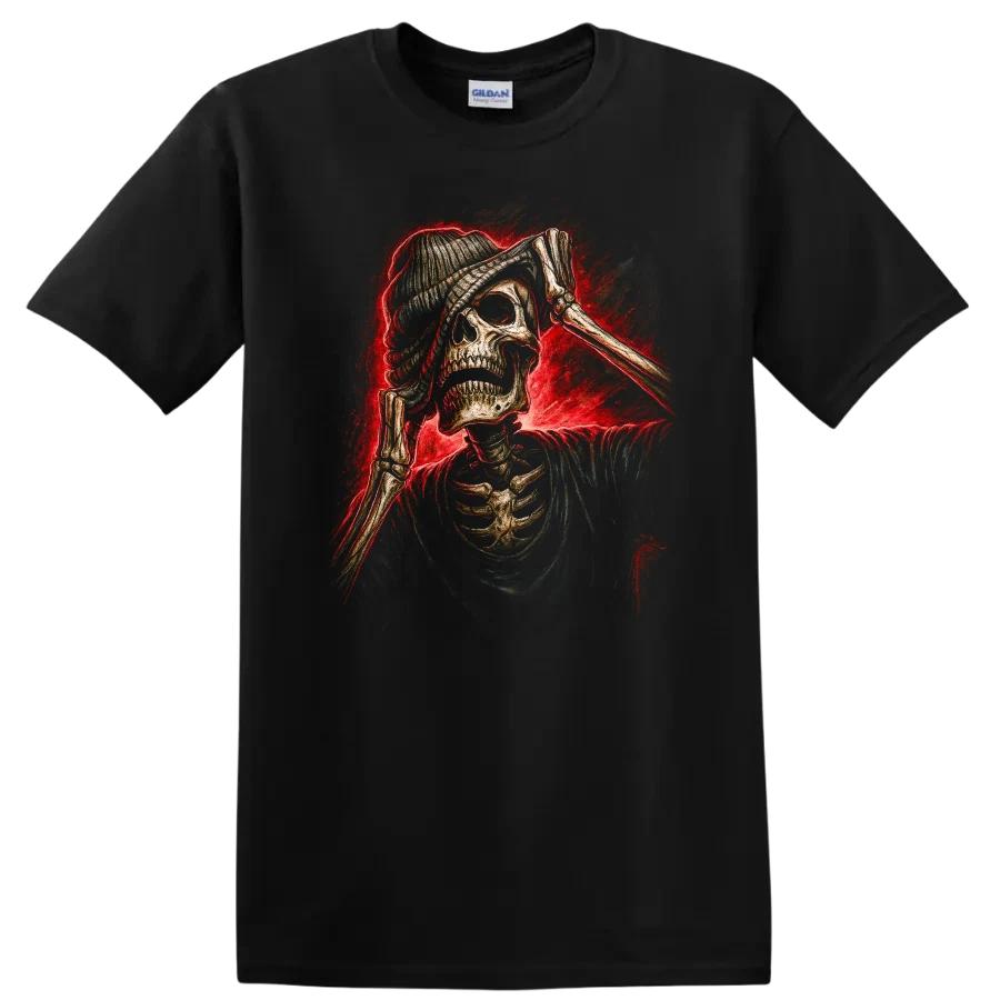Skeleton Graphic T Shirt Vintage Skull Design Red Flames Creepy Tee