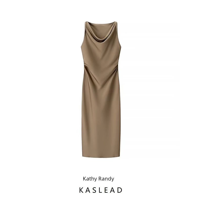 Kaslead New Women Clothes Western Style Silk Satin Texture Twist Sleeveless Swing Collar Dress