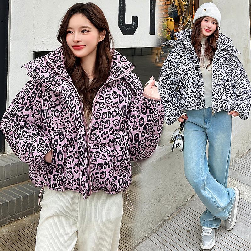 2026 Winter-Autumn Women's Leopard Print Short Cotton Jacket with Stand Collar